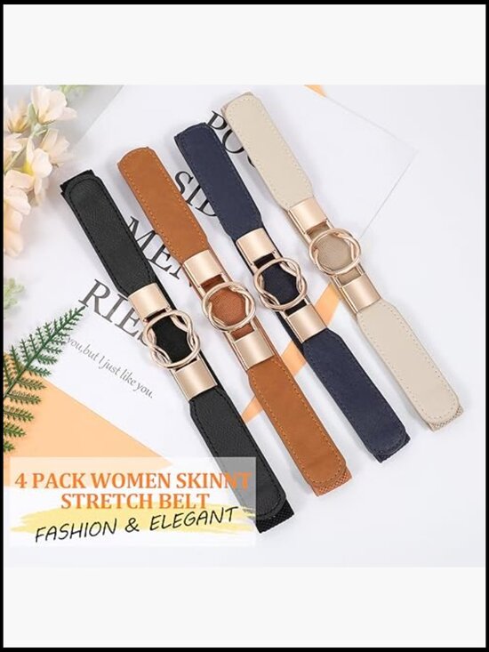 Vintage Stretch Waist Belt Set with Gold Buckle - Elastic Skinny Belts main image 7